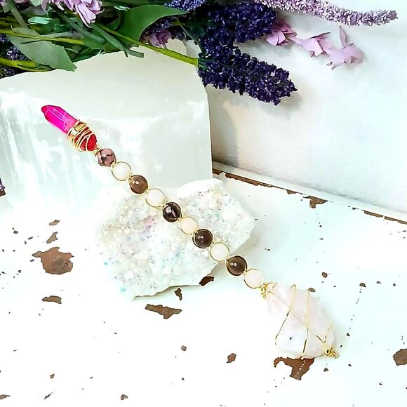 Pink Crystal Wand, Magic Wand, Alter Tool, Beaded Wire Wrapped, 7.5"